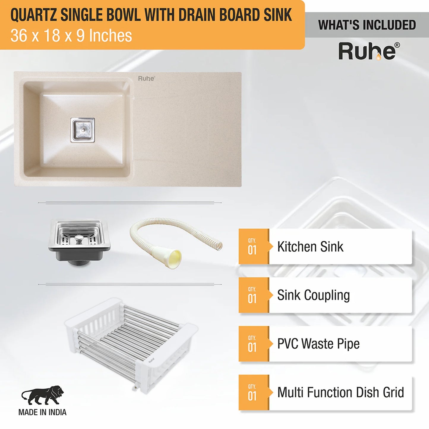 Quartz Single Bowl with Drainboard Kitchen Sink (36 x 18 x 9 Inches)