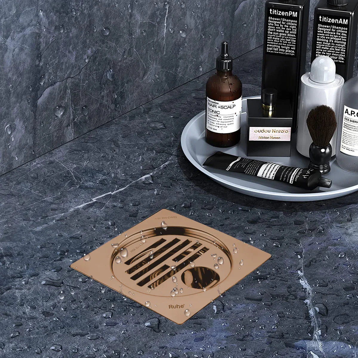Classic Square Flat Cut Floor Drain in Antique Copper PVD Coating (5 x 5 Inches) with Hole installed
