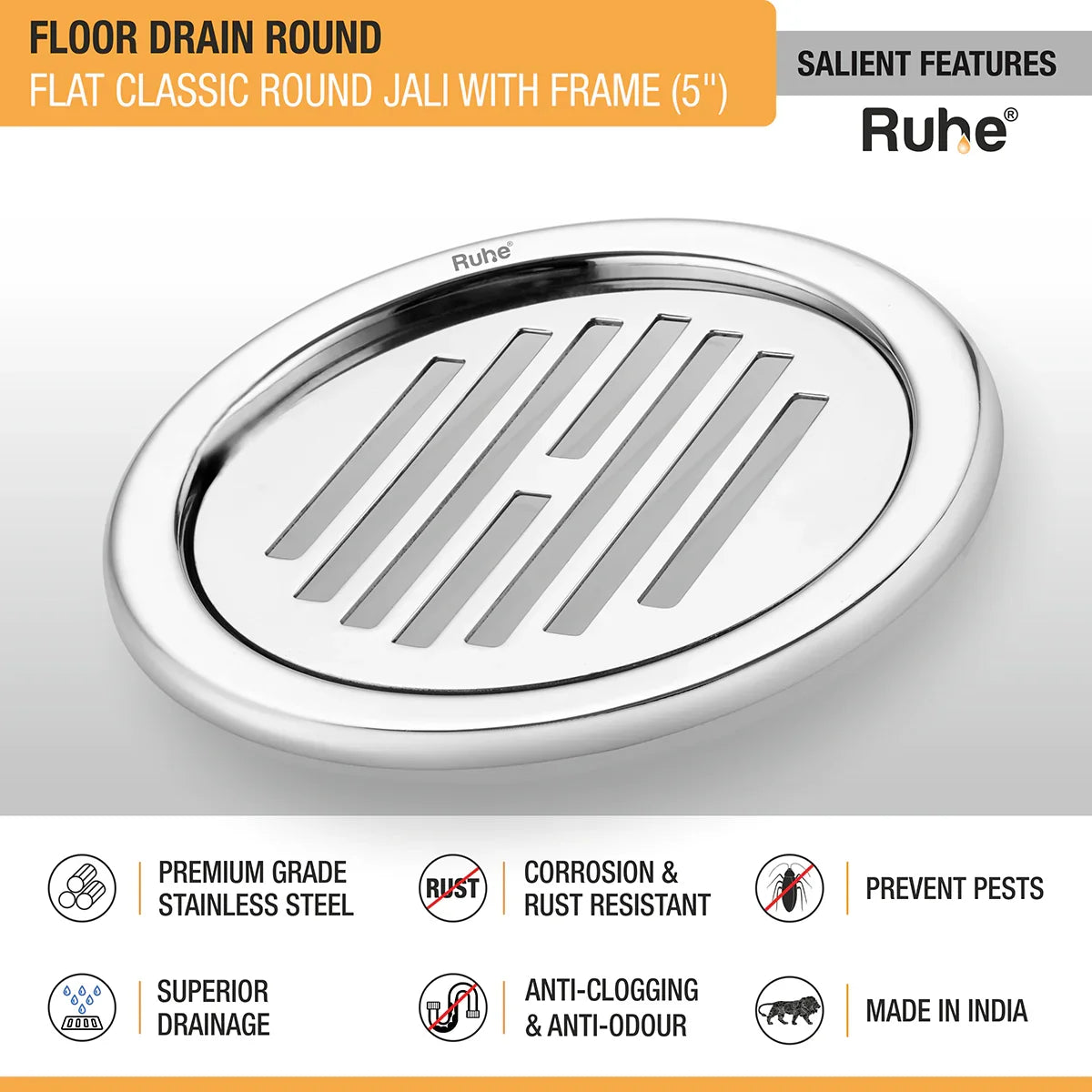 Flat Classic Round Jali Floor Drain (5 inches) with Frame (Pack of 2) - by Ruhe