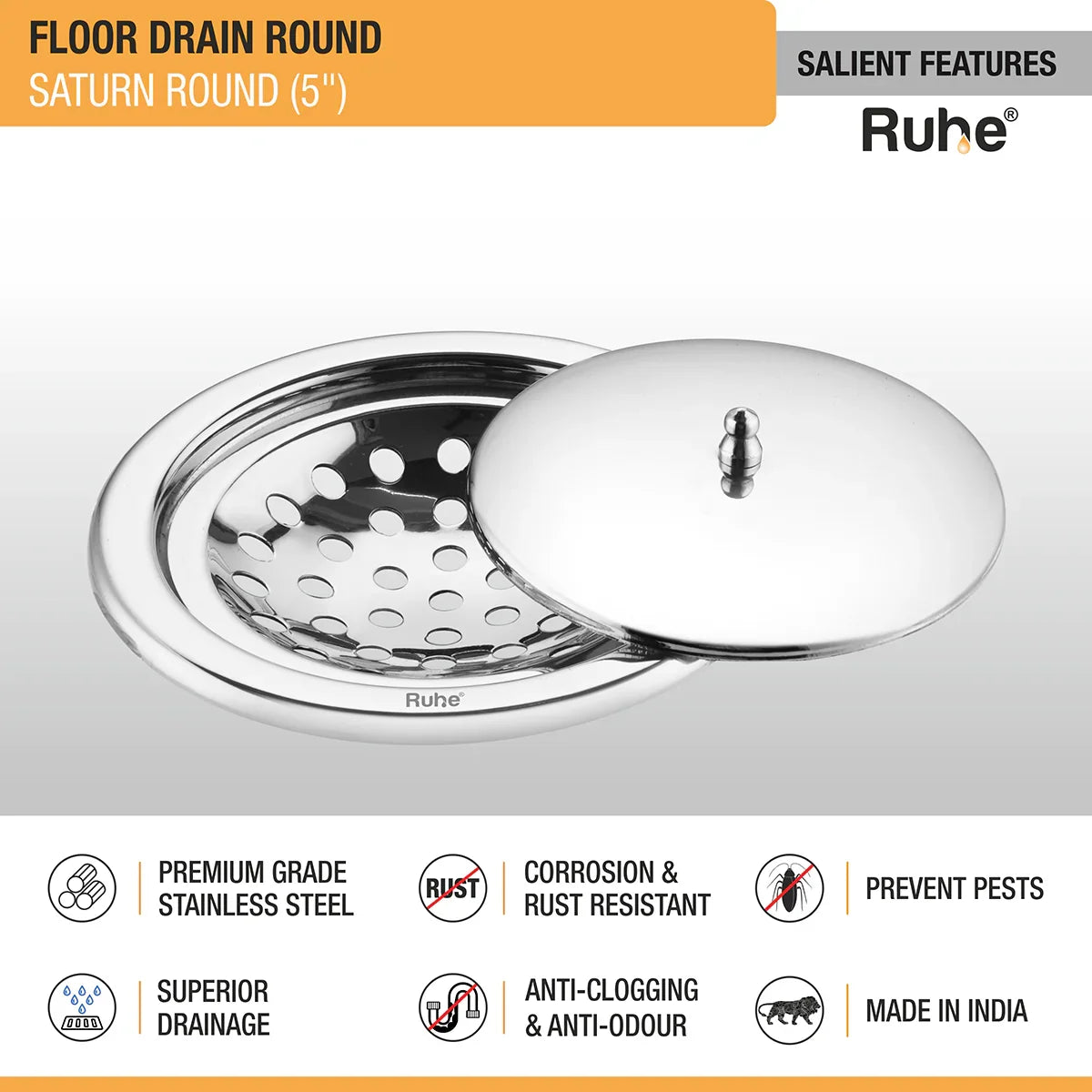 Saturn Round Floor Drain (5 Inches) with Lid - by Ruhe
