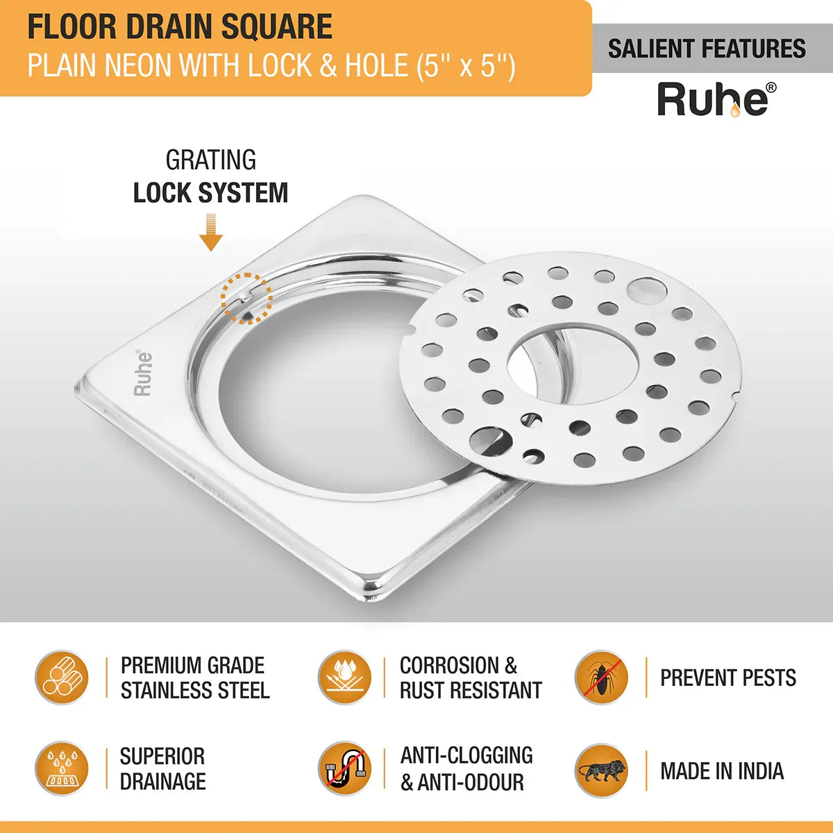 Plain Neon with Collar Square Floor Drain (5 x 5 inches) with Lock and Hole features