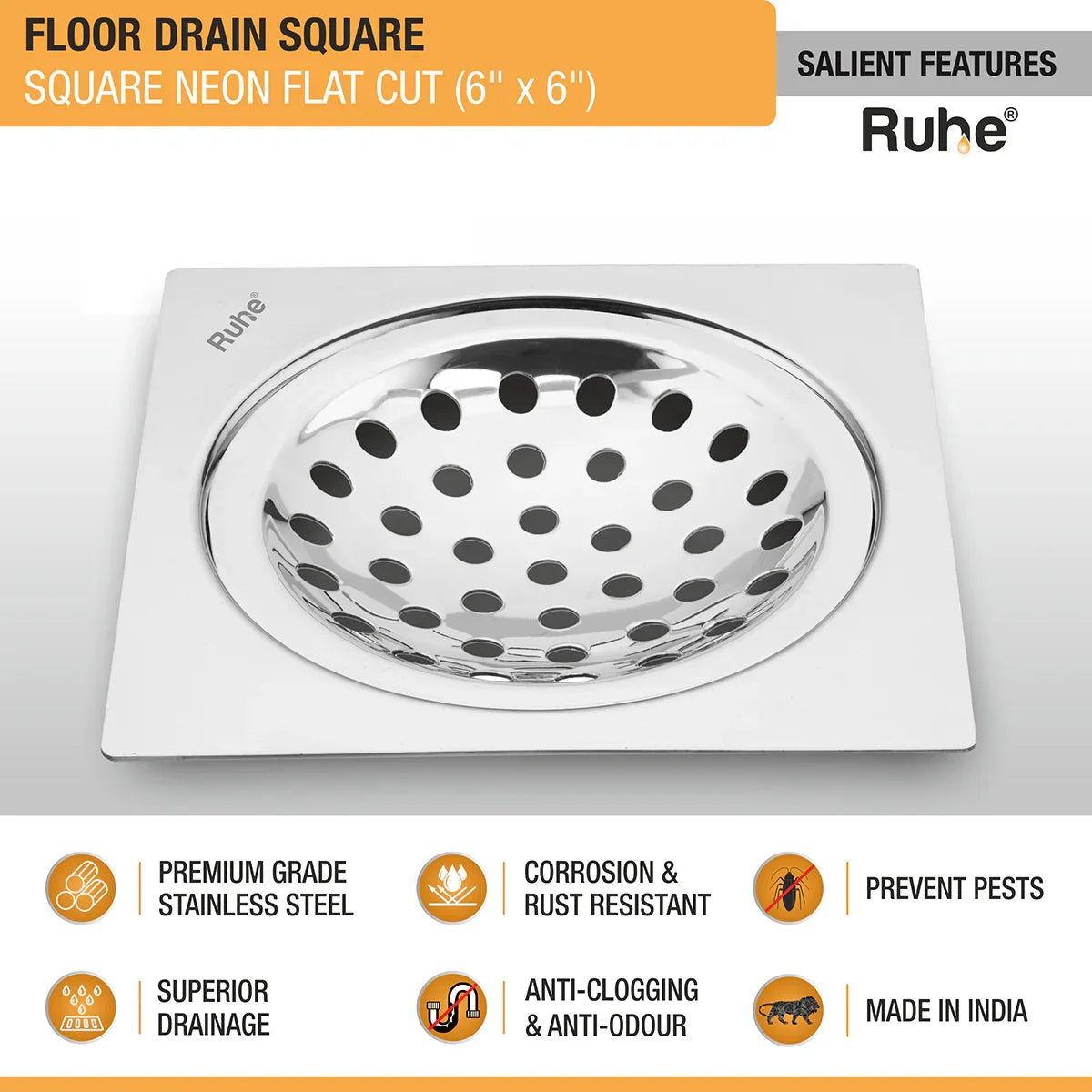 Square Neon Floor Drain Flat Cut (6 x 6 inches) features