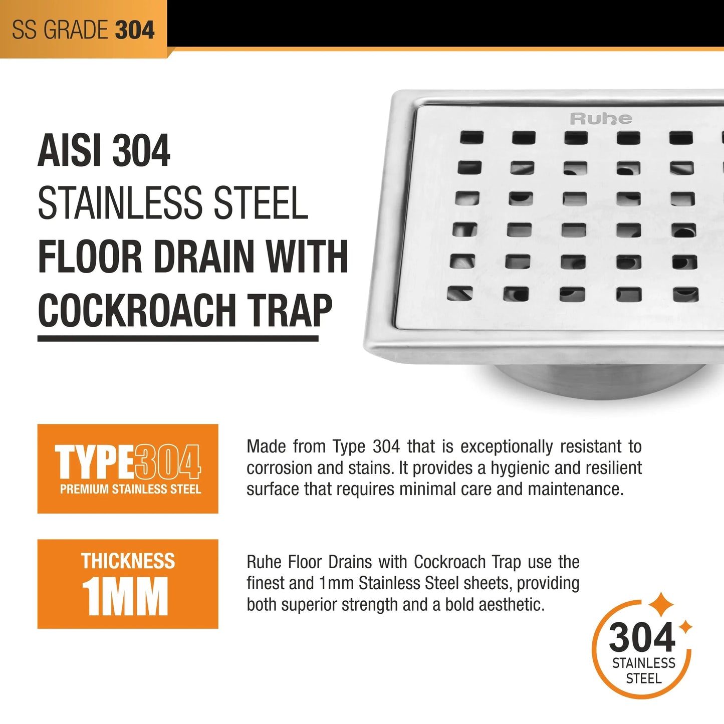 Pearl Floor Drain Square (6 x 6 Inches) with Cockroach Trap 5
