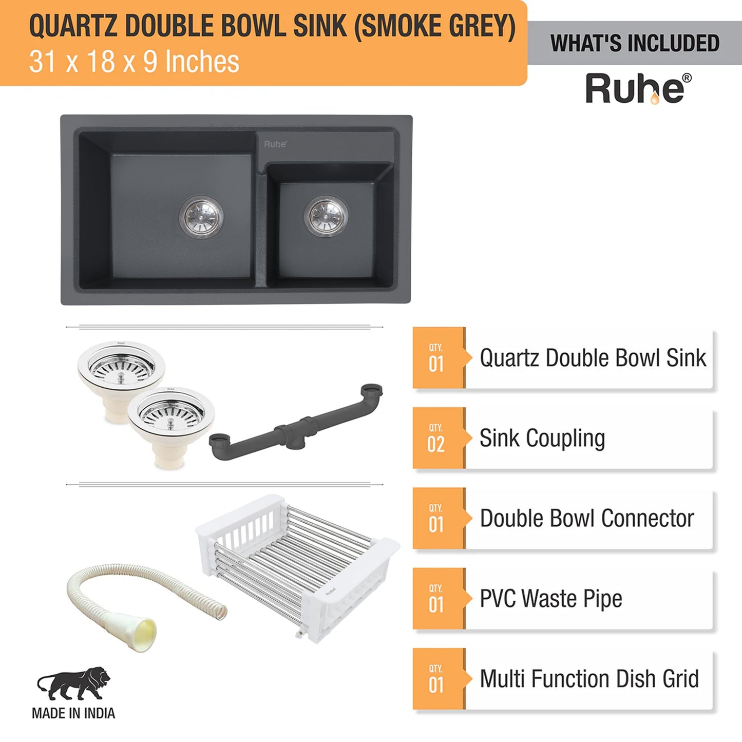 Quartz Double Bowl Kitchen Sink (31 x 18 x 9 Inches)