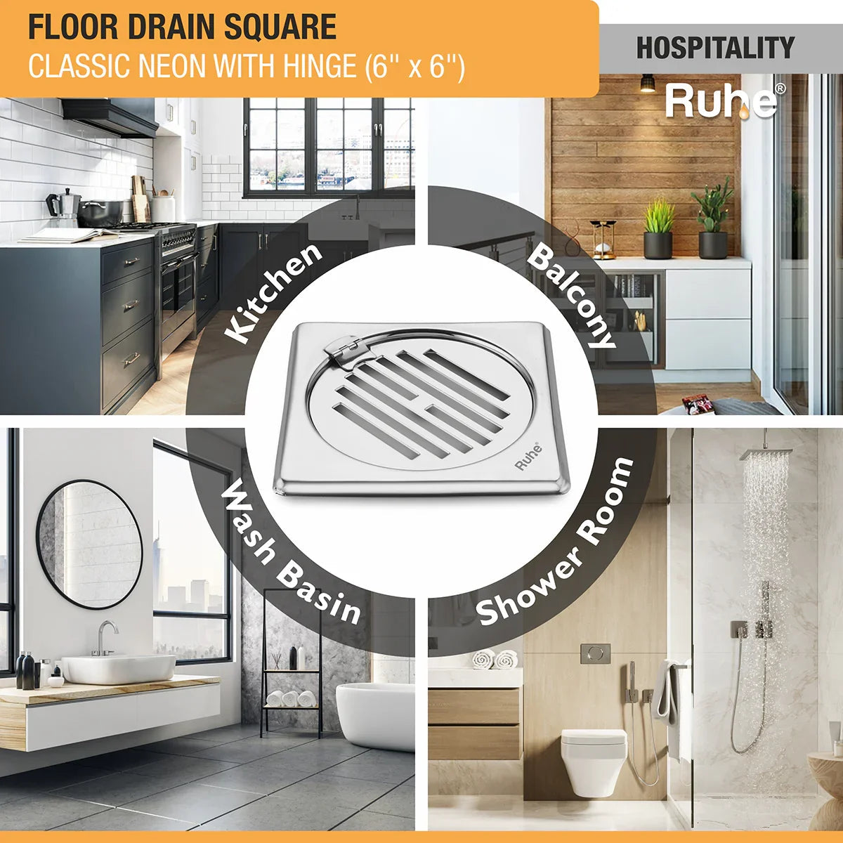 Classic Neon Floor Drain (6 x 6 inches) with Hinged Grating Top installation