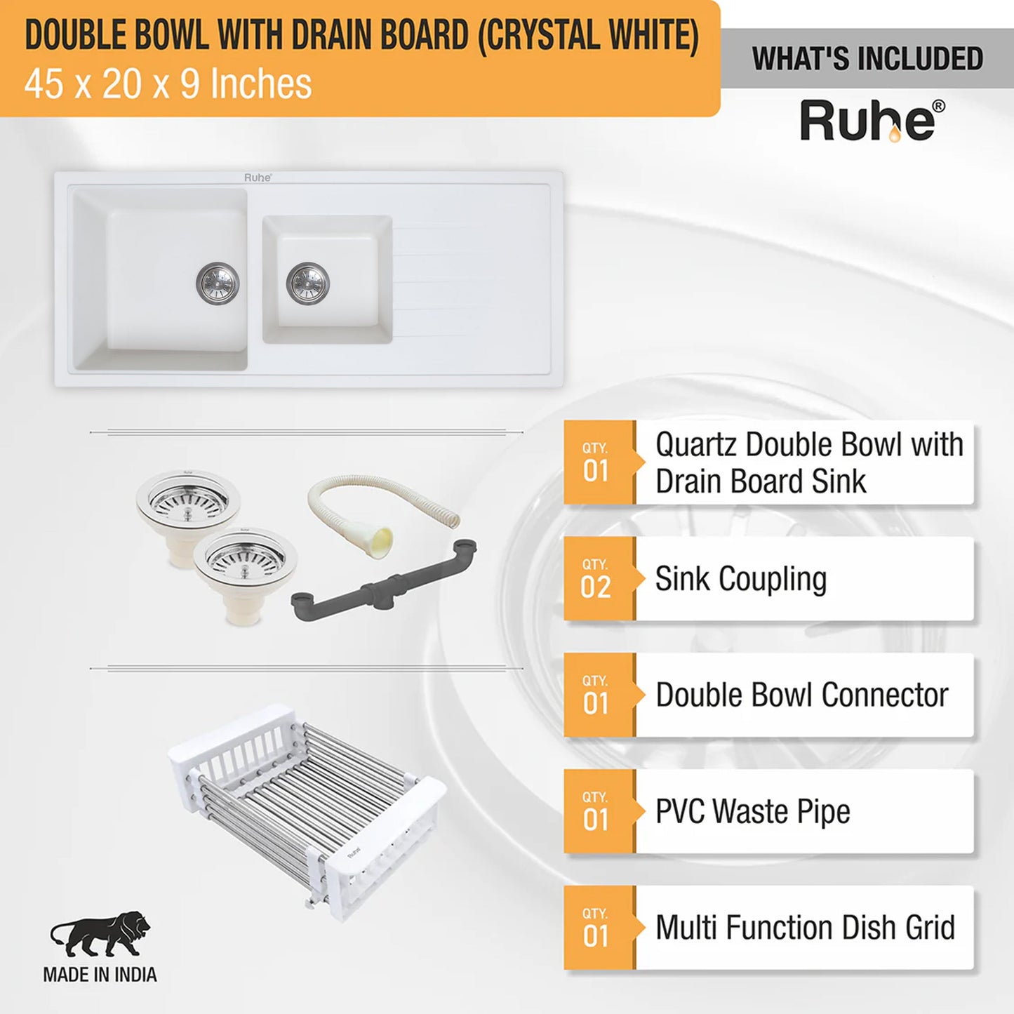Quartz Double Bowl with Drainboard Kitchen Sink (45 x 20 x 9 inches)