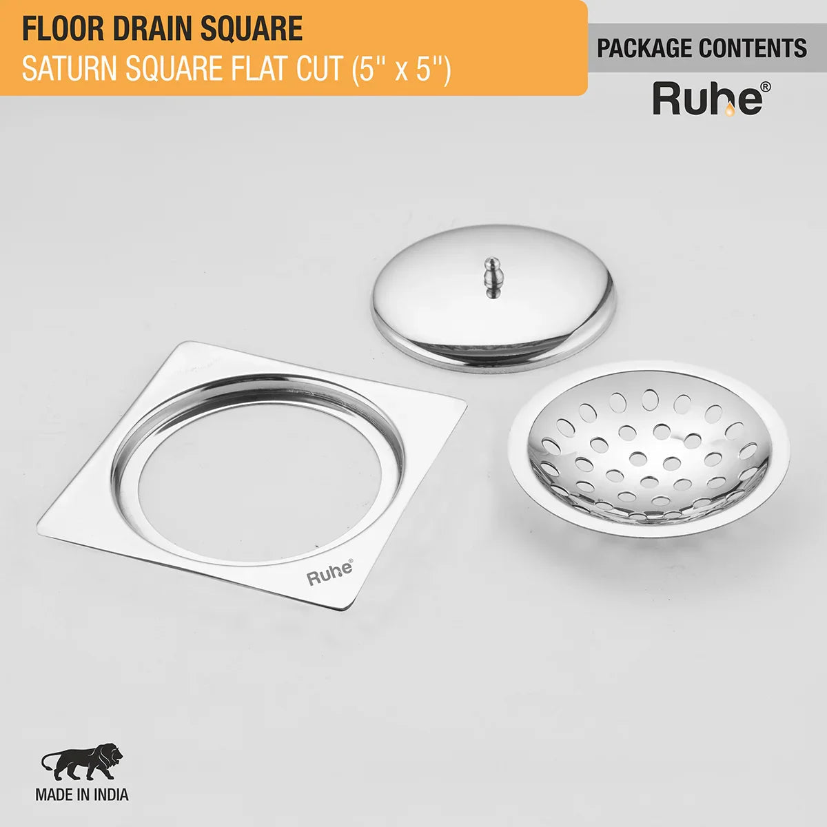Saturn Square Flat Cut Floor Drain (5 x 5 Inches) with Lid package content