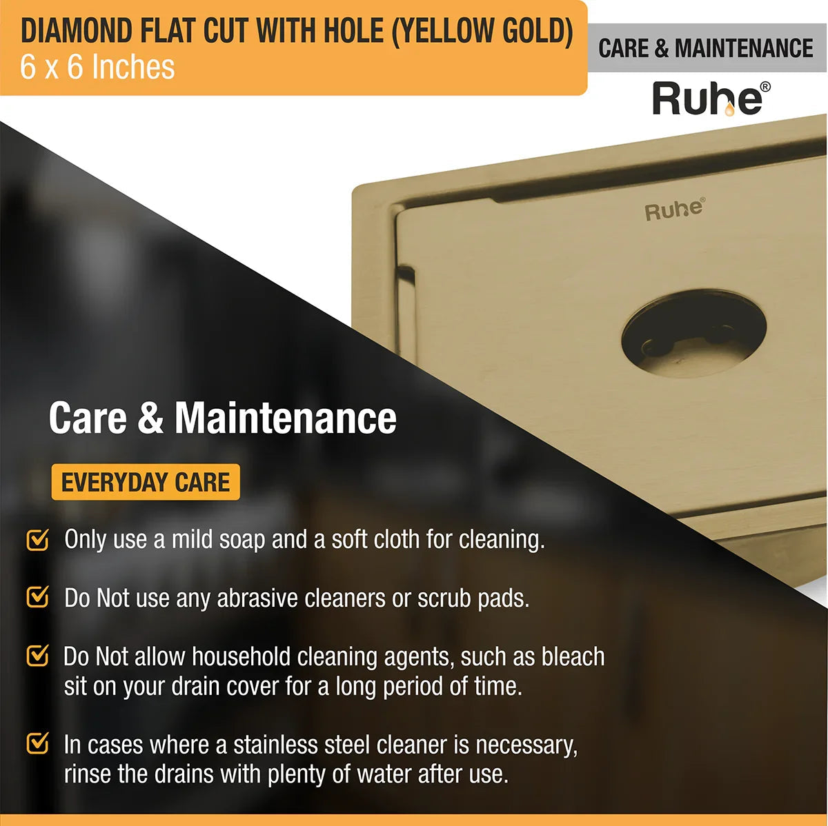 Diamond Square Flat Cut Floor Drain in Yellow Gold PVD Coating (6 x 6 Inches) with Hole care and maintenance