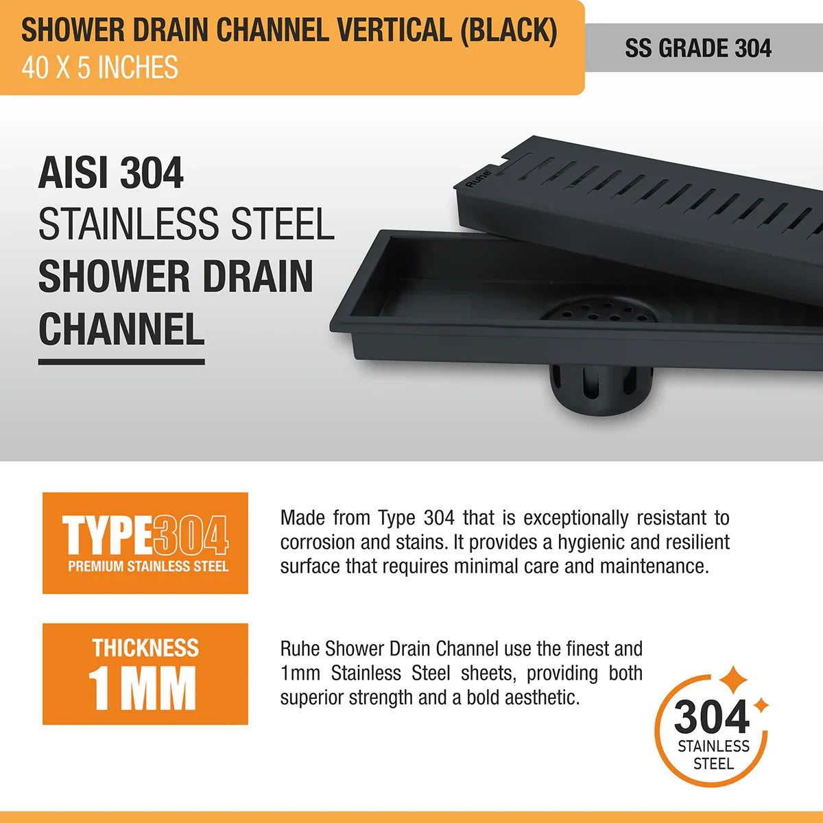 Vertical Shower Drain Channel (40 x 5 Inches) Black PVD Coated stainless steel