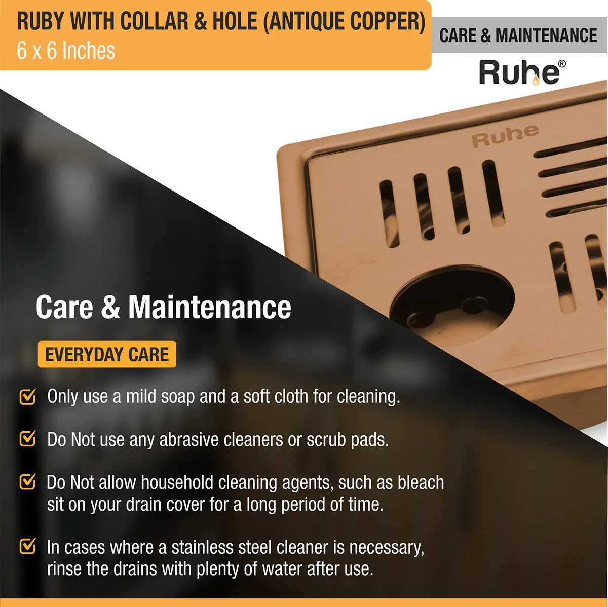 Ruby Square Flat Cut Floor Drain in Antique Copper PVD Coating (6 x 6 Inches) with Hole - by Ruhe