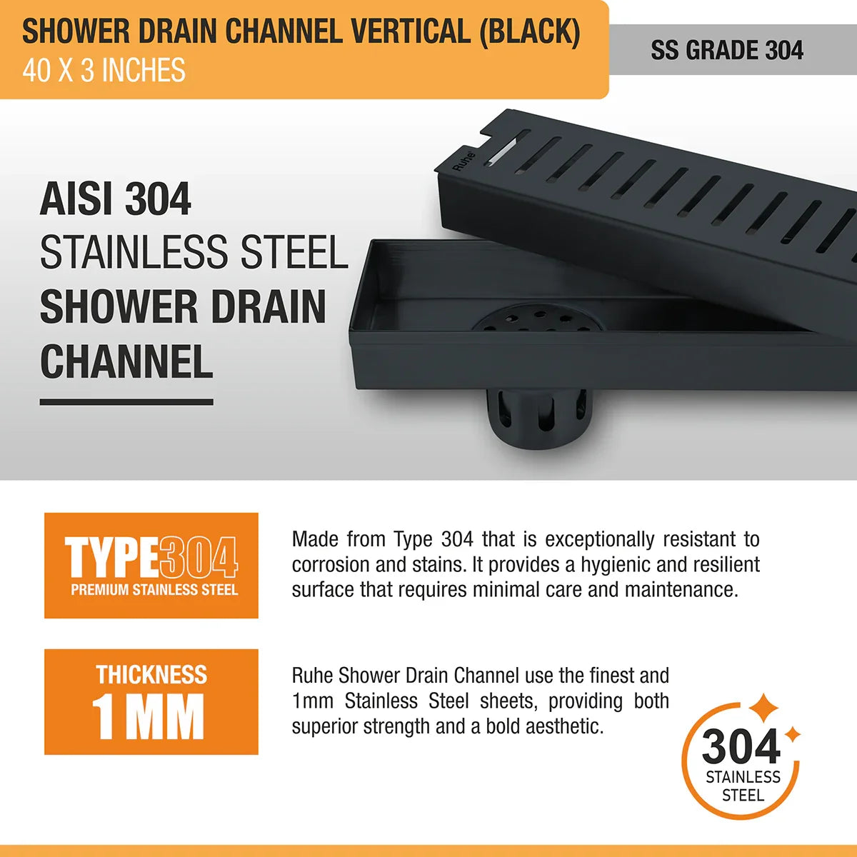 Vertical Shower Drain Channel (40 x 3 Inches) Black PVD Coated stainless steel