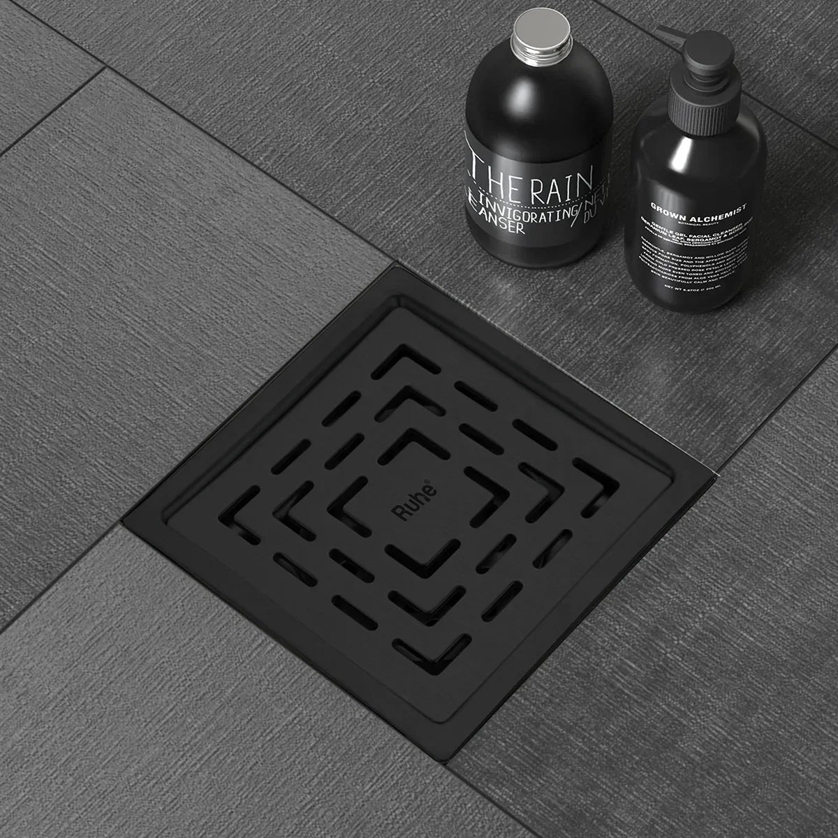 Sapphire Square 304-Grade Floor Drain in Black PVD Coating (6 x 6 Inches) installed