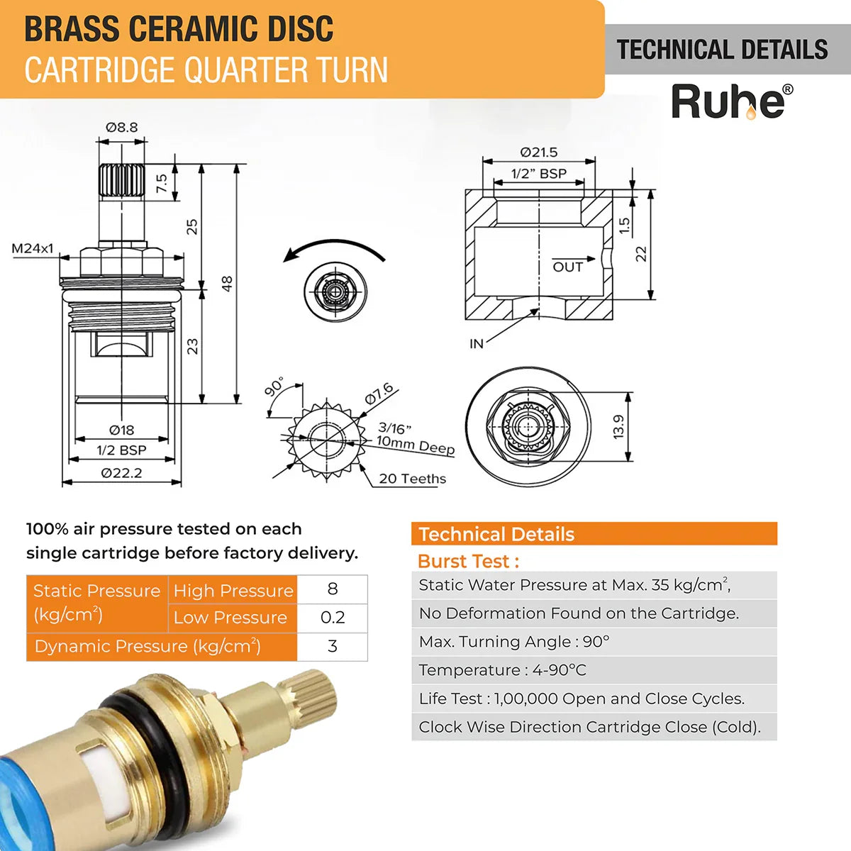 Brass Ceramic Disc Quarter-turn Cartridge (Pack of 4)