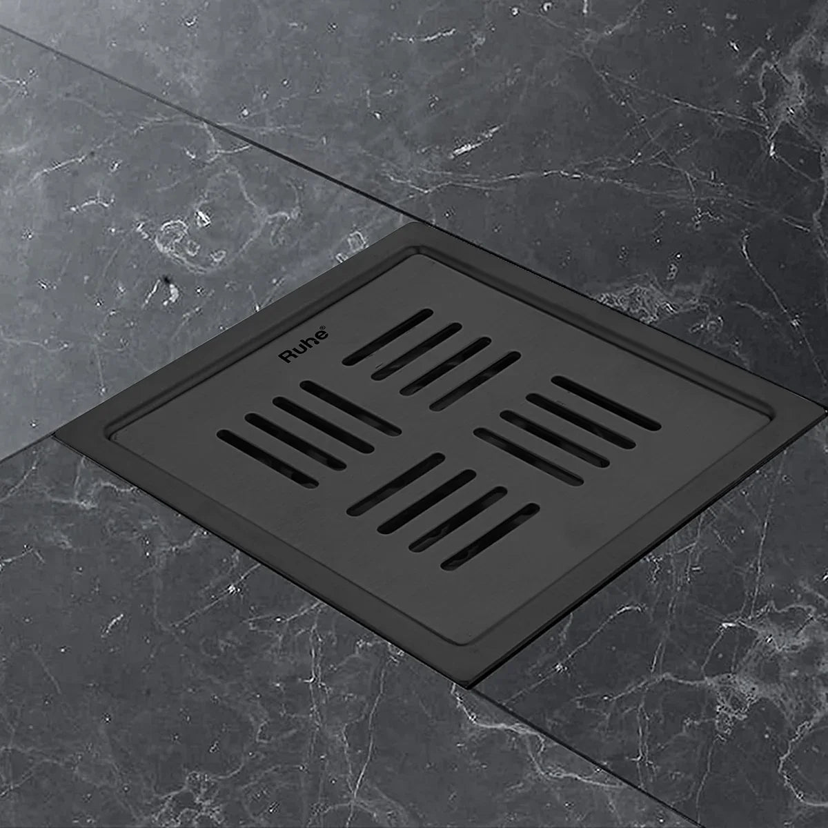 Ruby Square 304-Grade Floor Drain in Black PVD Coating (6 x 6 Inches) installed