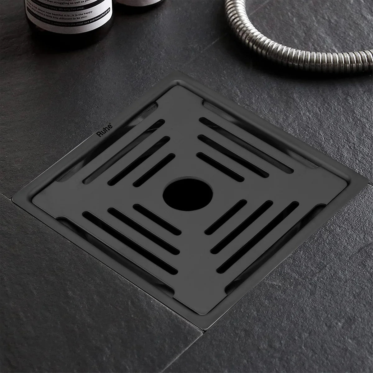 Opal Square Flat Cut Floor Drain in Black PVD Coating (6 x 6 Inches) with Hole - by Ruhe