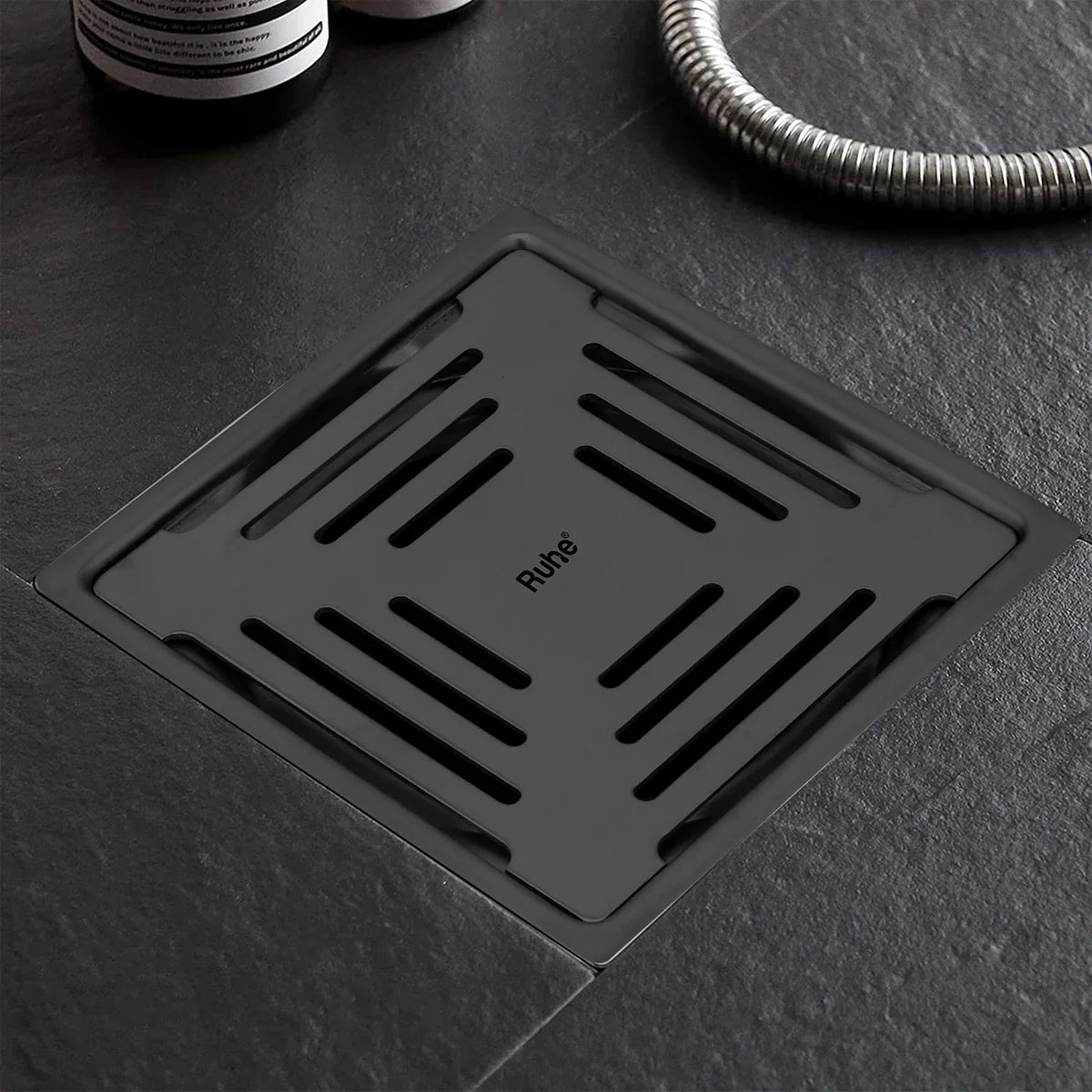 Opal Square Flat Cut Floor Drain in Black PVD Coating (5 x 5 Inches) - by Ruhe