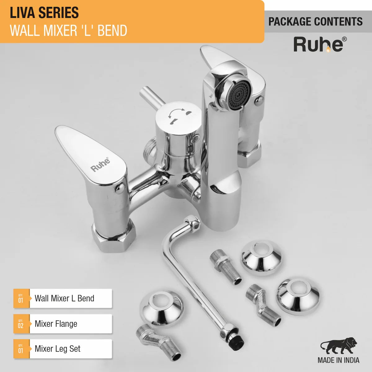Liva Wall Mixer Brass Faucet with L Bend package content