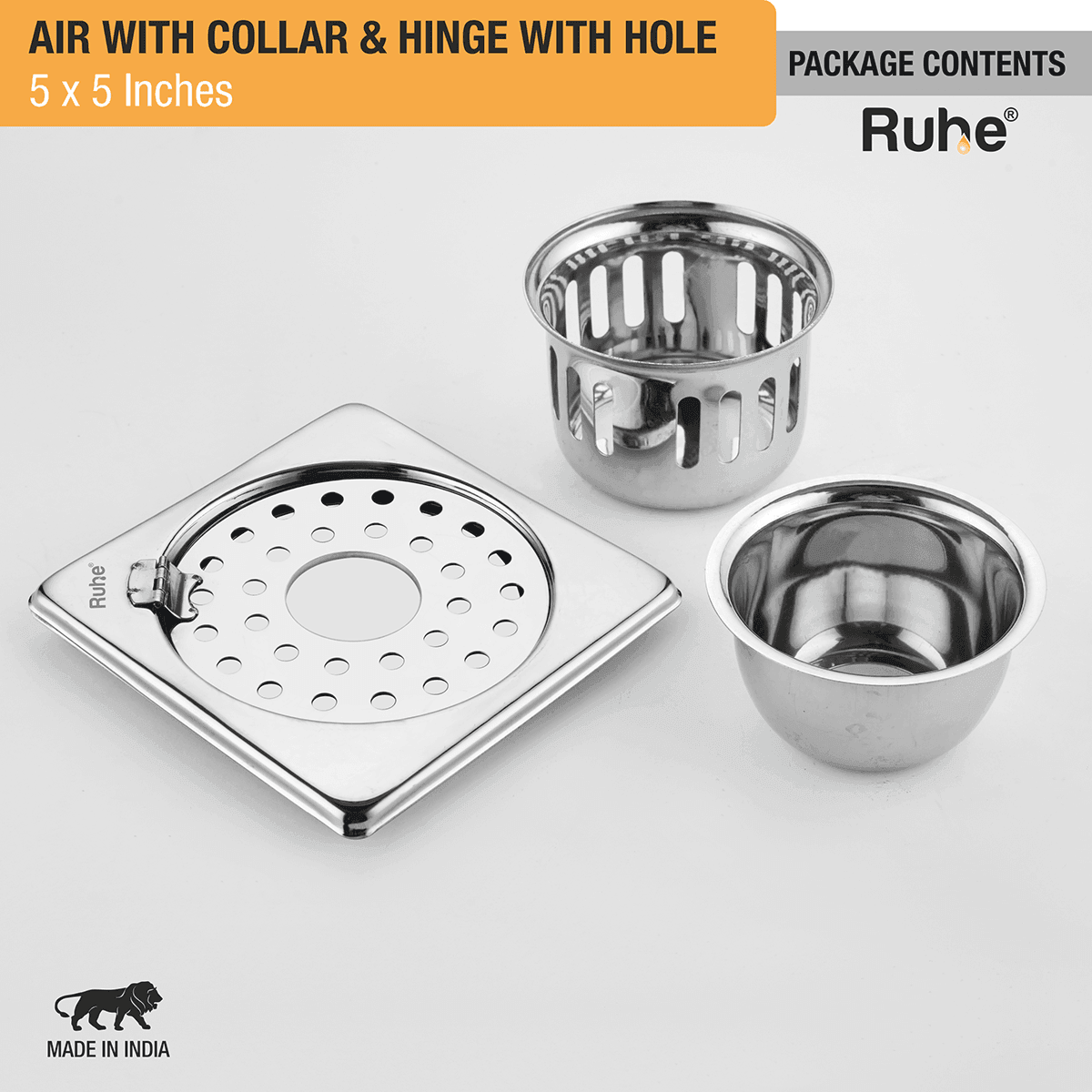 Air Square 304-Grade Floor Drain with Collar, Hinge, Hole & Cockroach Trap (5 x 5 Inches) - by Ruhe - Ruhe