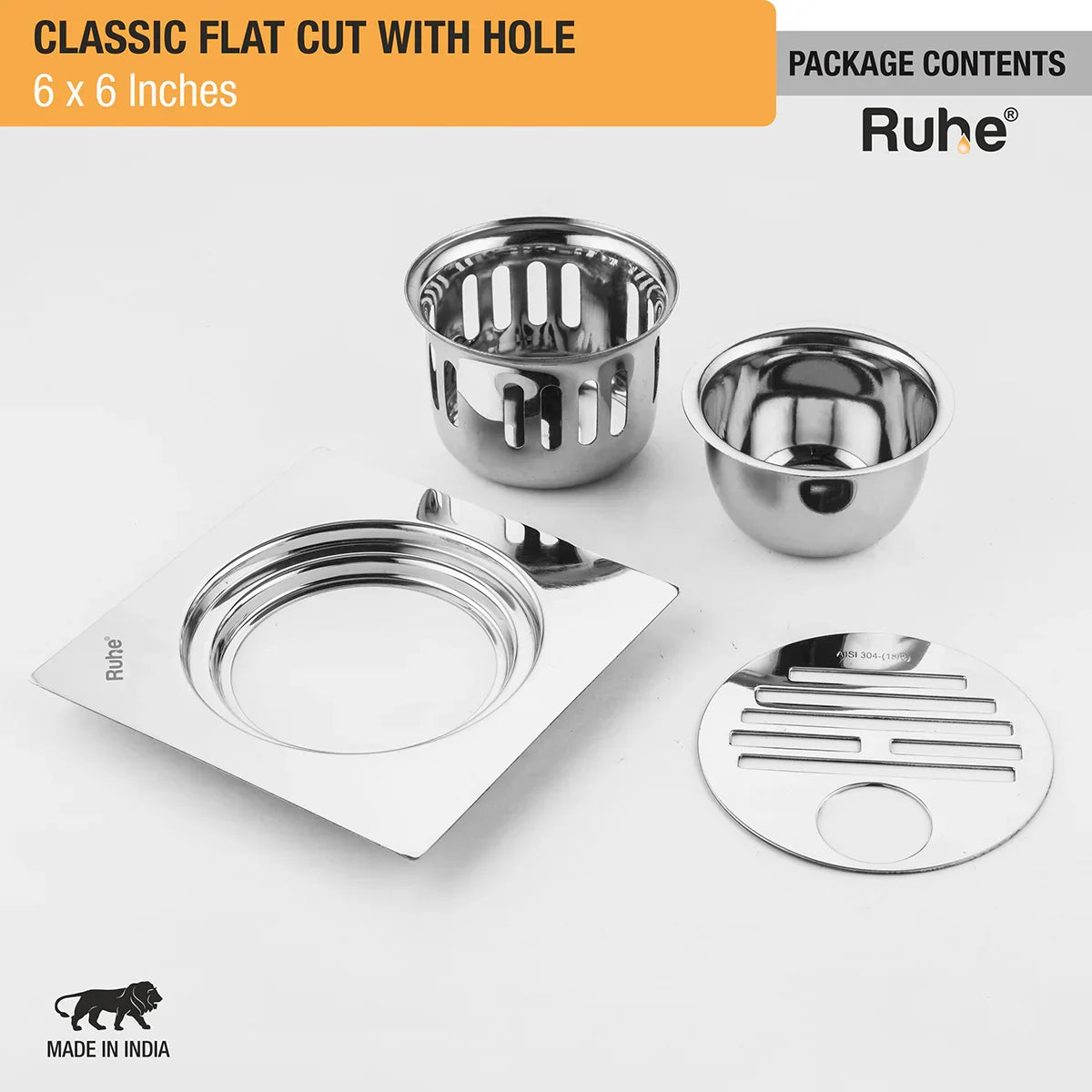 Classic Floor Drain Square Flat Cut (6 x 6 Inches) with Hole and Cockroach Trap (304 Grade) package content