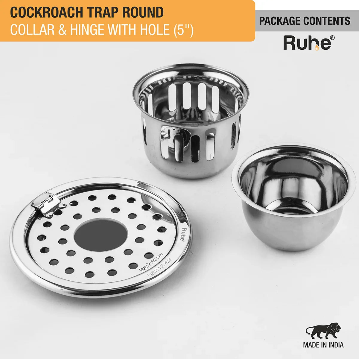 Round Floor Drain (5 Inches) with Hinge, Hole & Cockroach Trap (304 Grade) package content