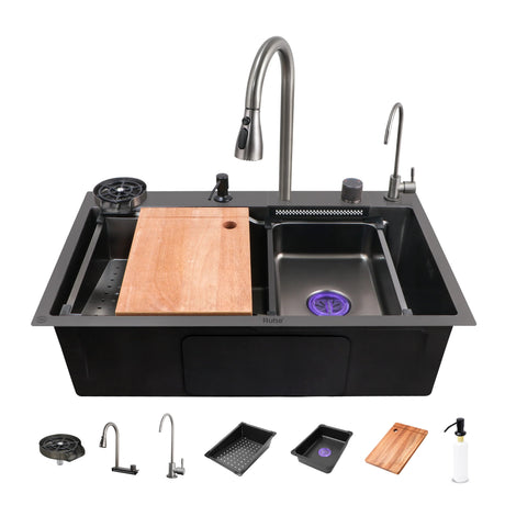 Black kitchen sink with faucet, cutting board, and accessories