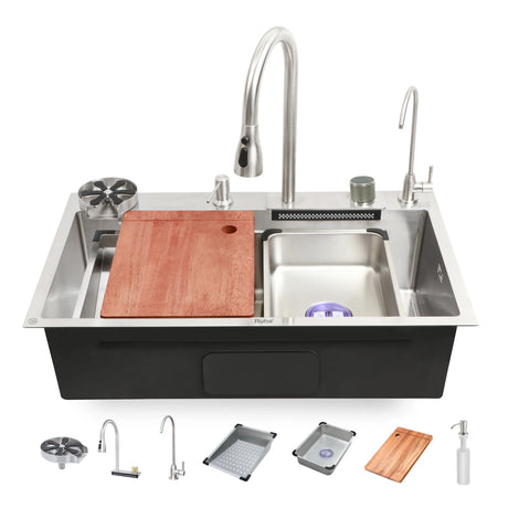 Silver kitchen sink with faucet, cutting board, and accessories