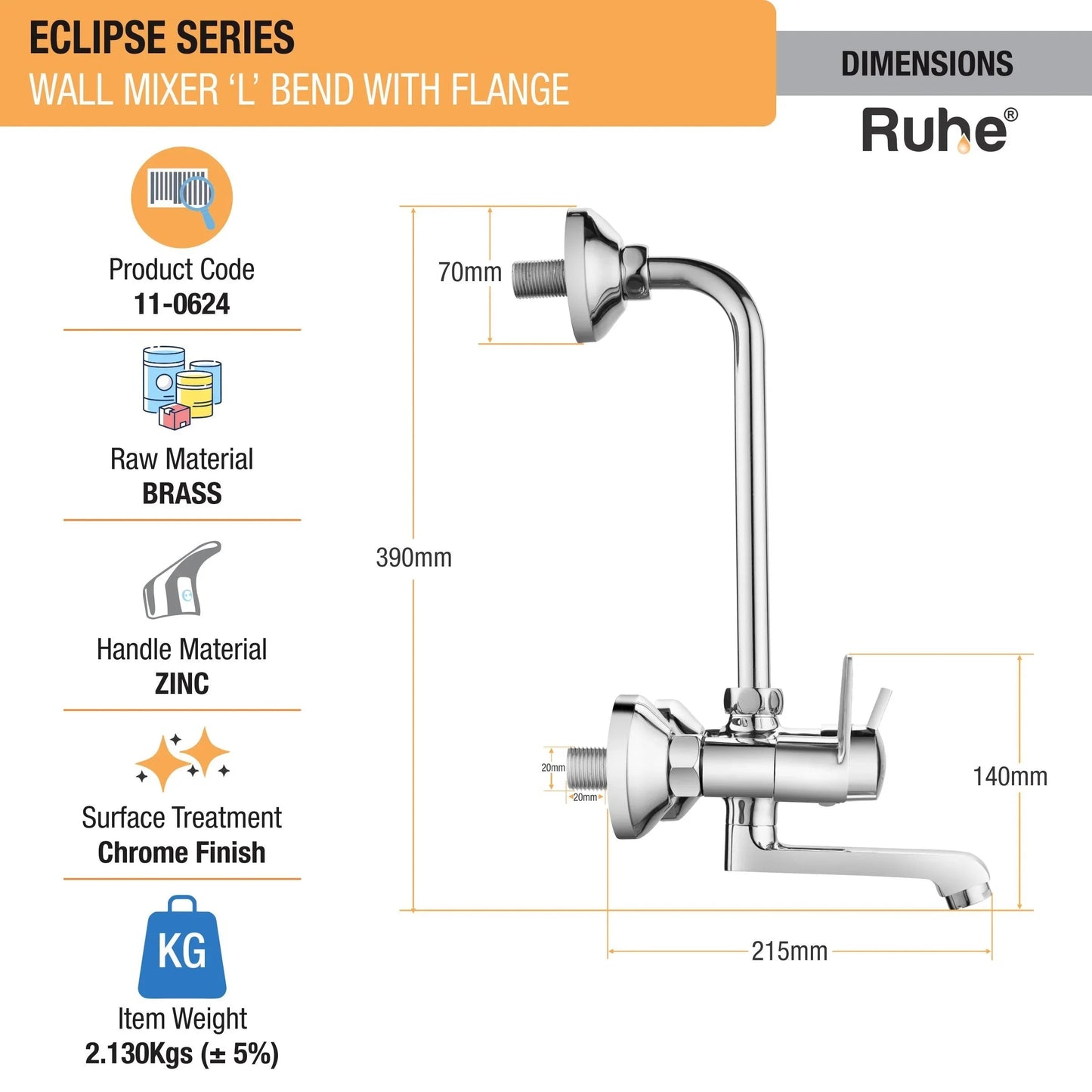 Eclipse Wall Mixer Brass Faucet with L Bend dimensions and size