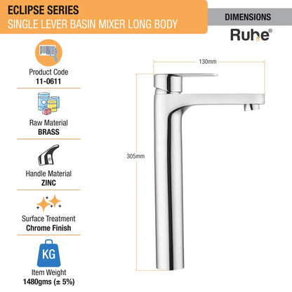 Eclipse Single Lever Tall Body Basin Brass Mixer Faucet dimensions and size