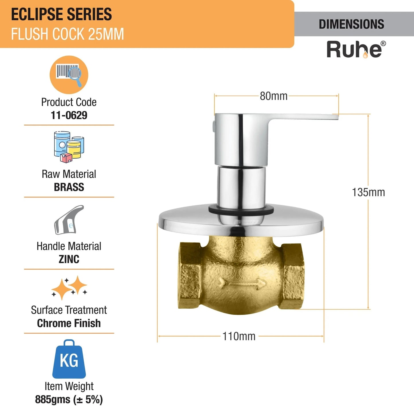 Eclipse Flush Valve Brass Faucet (25mm) dimensions and size