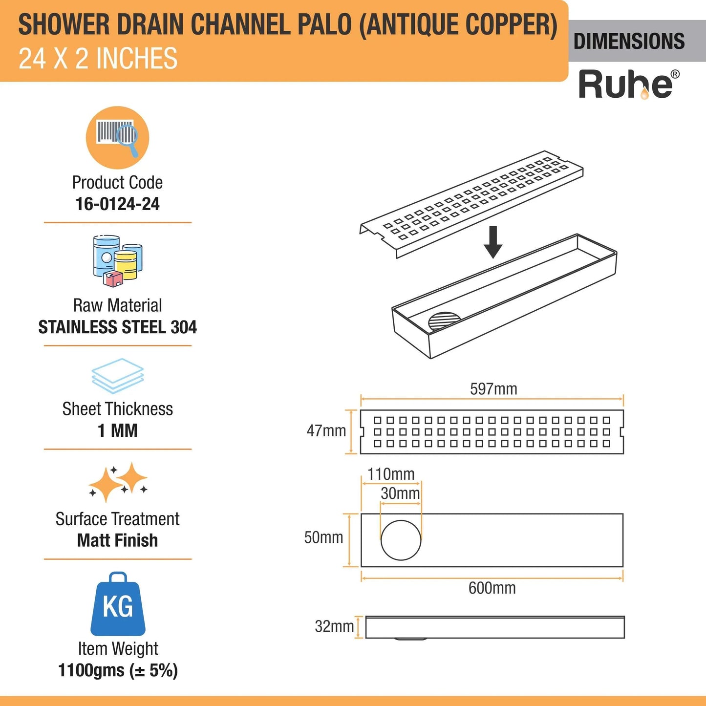 Palo Shower Drain Channel (24 x 2 Inches) Antique Copper PVD Coated - by Ruhe