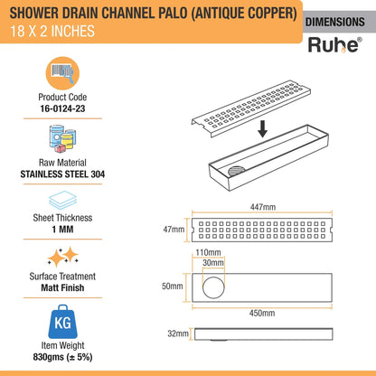 Palo Shower Drain Channel (18 x 2 Inches) Antique Copper PVD Coated - by Ruhe