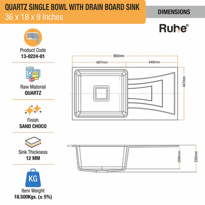 Quartz Single Bowl with Drainboard Kitchen Sink (36 x 18 x 9 Inches)