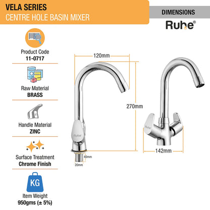 Vela Centre Hole Basin Mixer with Small (12 inches) Round Swivel Spout Faucet dimensions and size