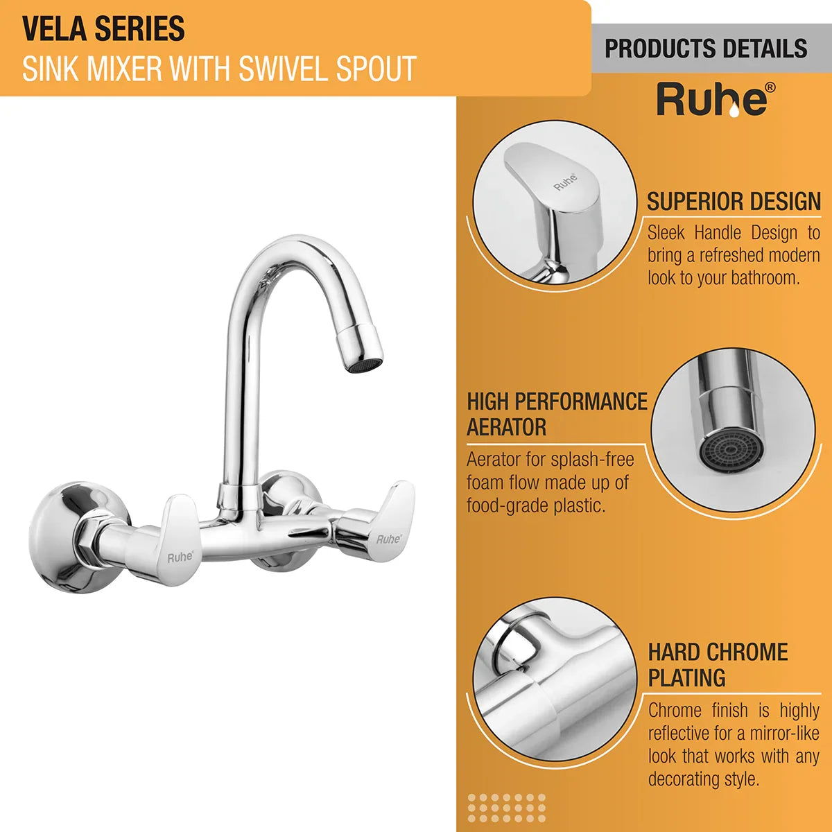 Vela Sink Mixer with Small (7 inches) Round Swivel Spout Faucet product details