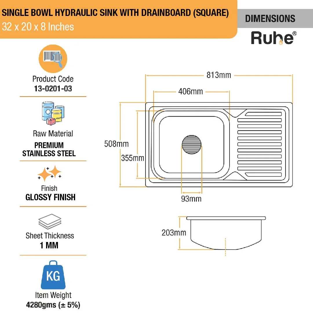Single Bowl with Drainboard Kitchen Sink (32 x 20 x 8 Inches)(Dimensions)