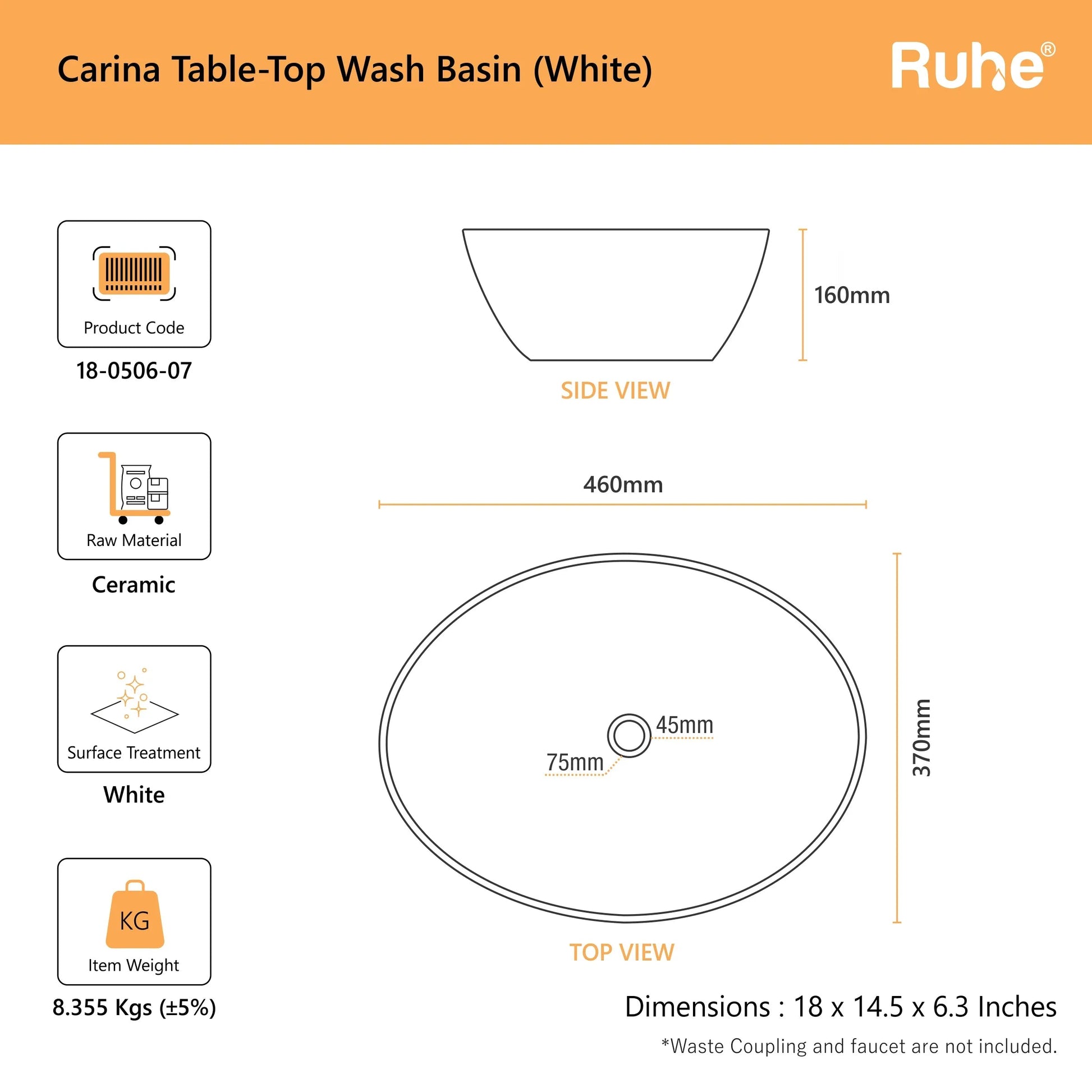 Carina Table Top Wash Basin (dimensions)