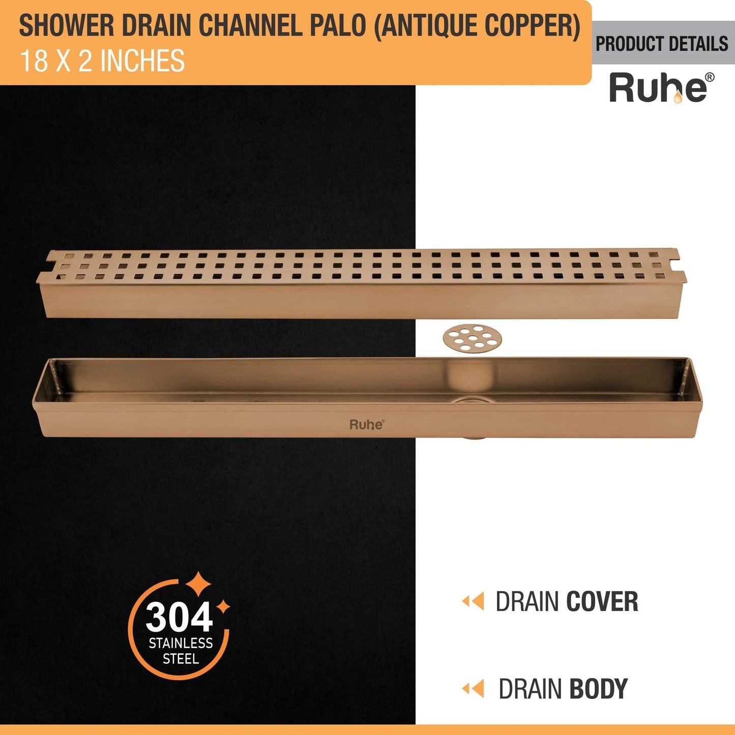 Palo Shower Drain Channel (18 x 2 Inches) Antique Copper PVD Coated - by Ruhe