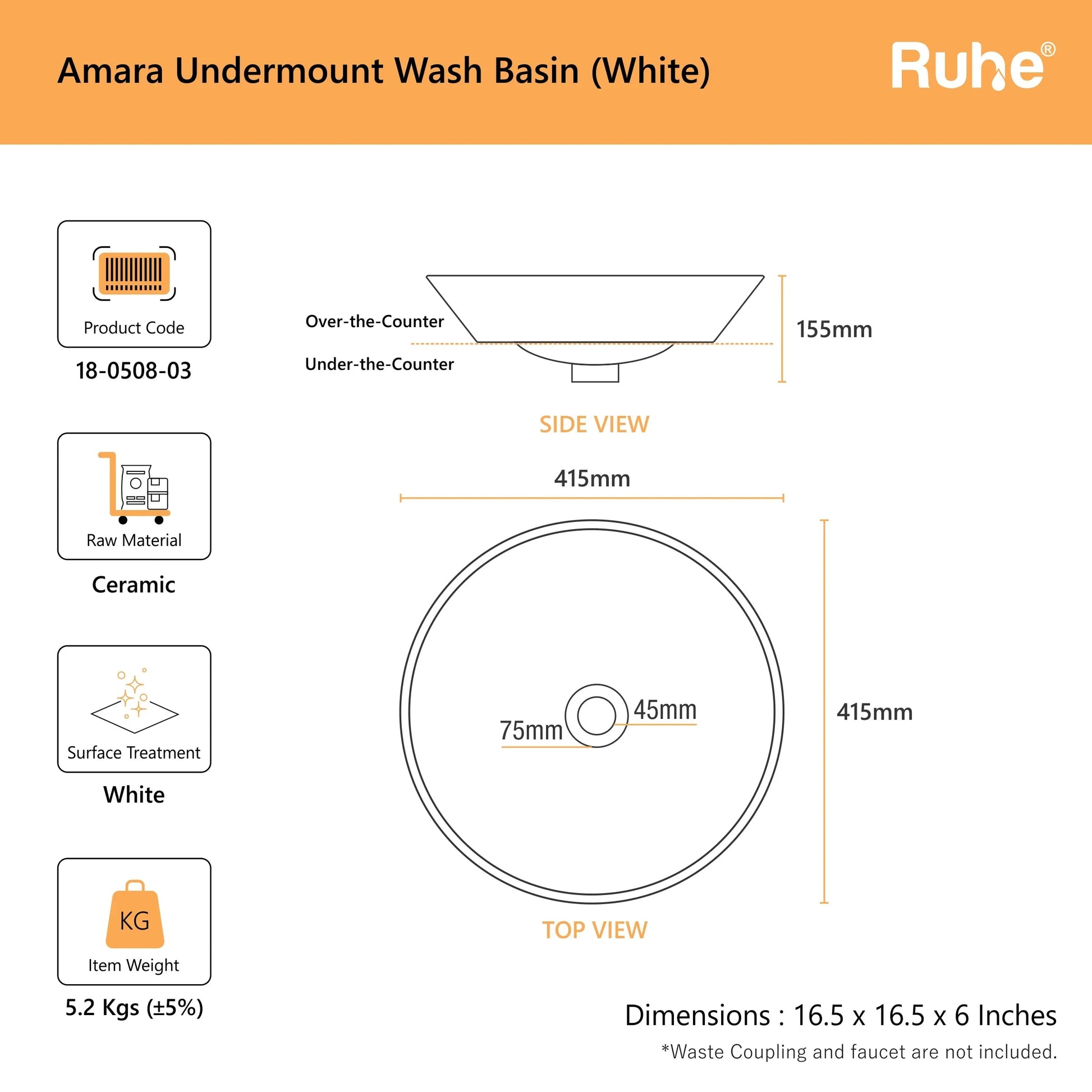 Amara Undermount Wash Basin (dimensions)