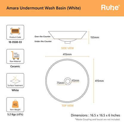 Amara Undermount Wash Basin (dimensions)