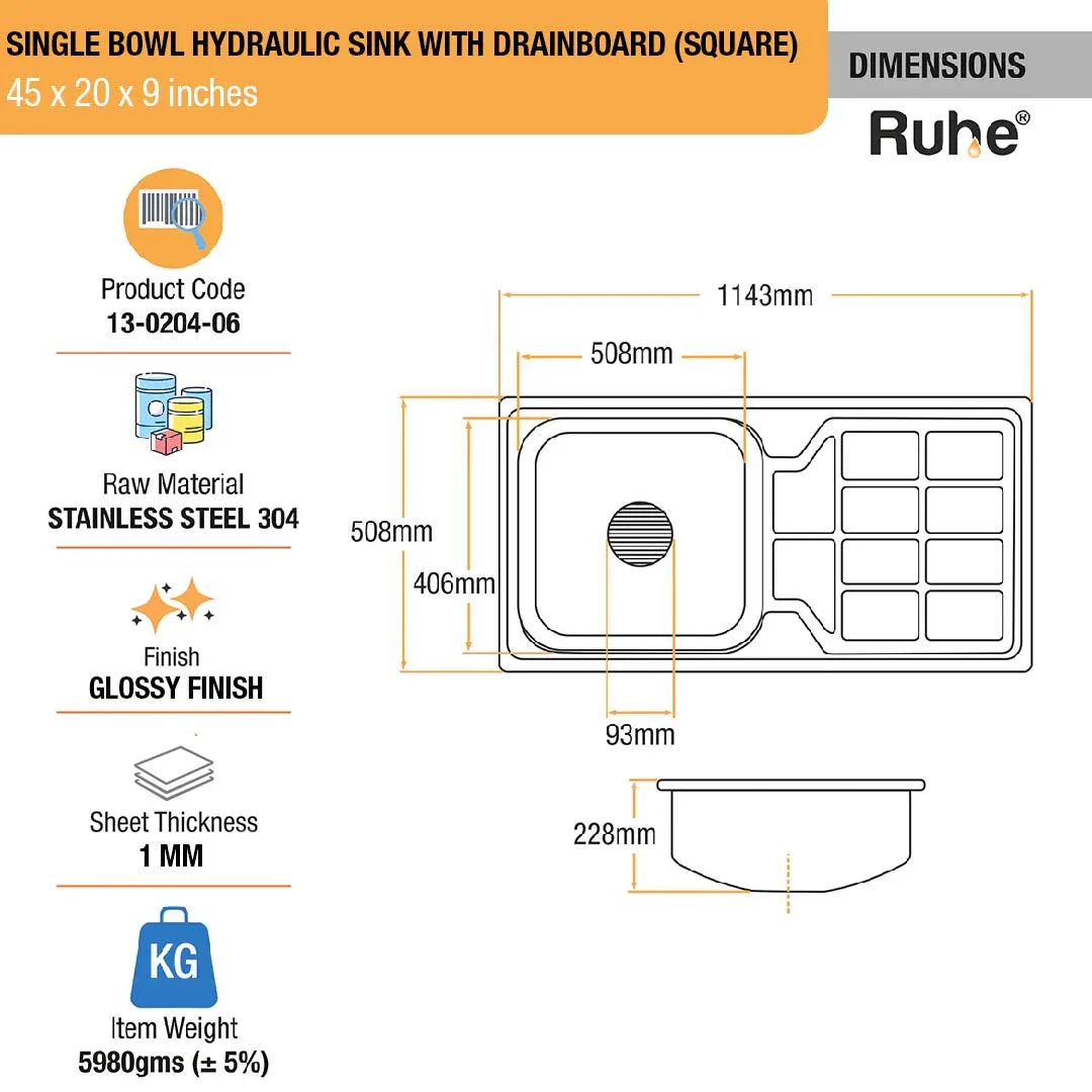 Single Bowl with Drainboard Kitchen Sink (45 x 20 x 9 Inches)(Dimensions)