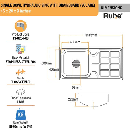 Single Bowl with Drainboard Kitchen Sink (45 x 20 x 9 Inches)(Dimensions)