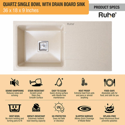 Quartz Single Bowl with Drainboard Kitchen Sink (36 x 18 x 9 Inches)