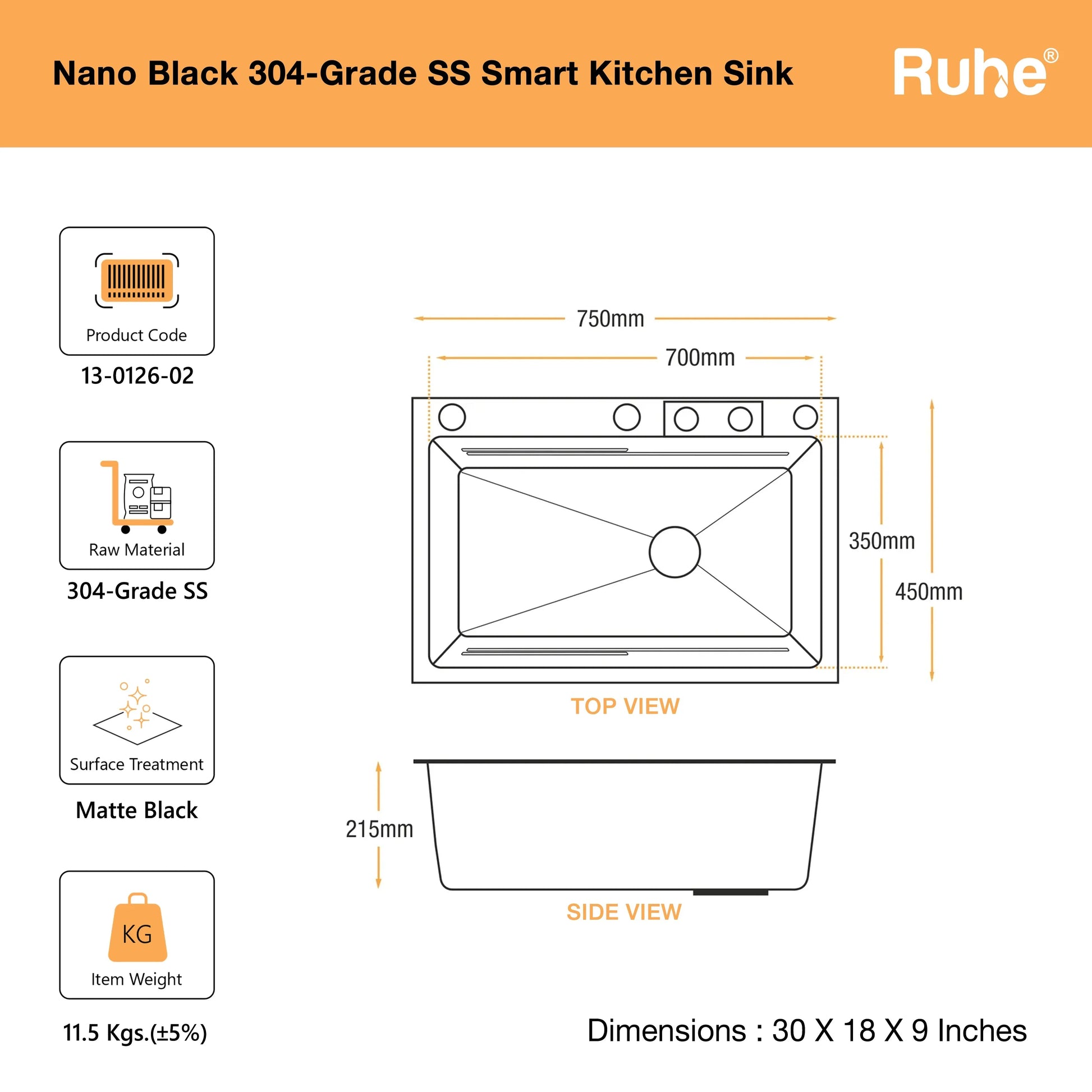 Nano Smart Kitchen Sink (30 x 18 x 9 Inches) Dimensions