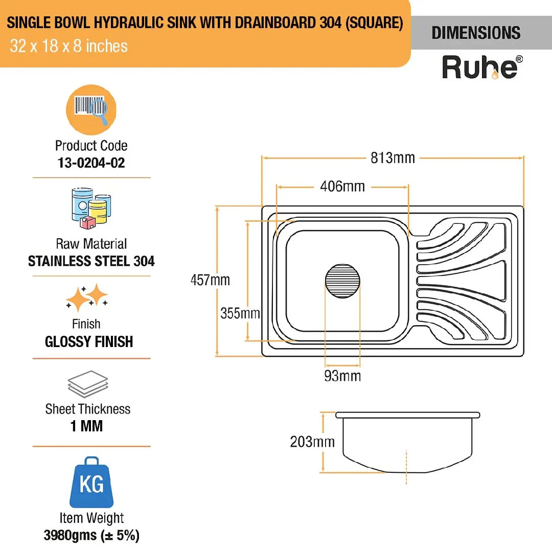 Single Bowl with Drainboard Kitchen Sink (32 x 18 x 8 Inches)(Dimensions)