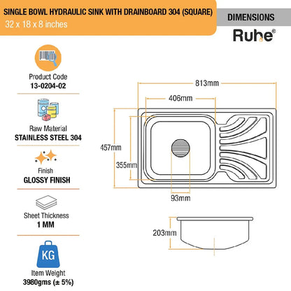Single Bowl with Drainboard Kitchen Sink (32 x 18 x 8 Inches)(Dimensions)