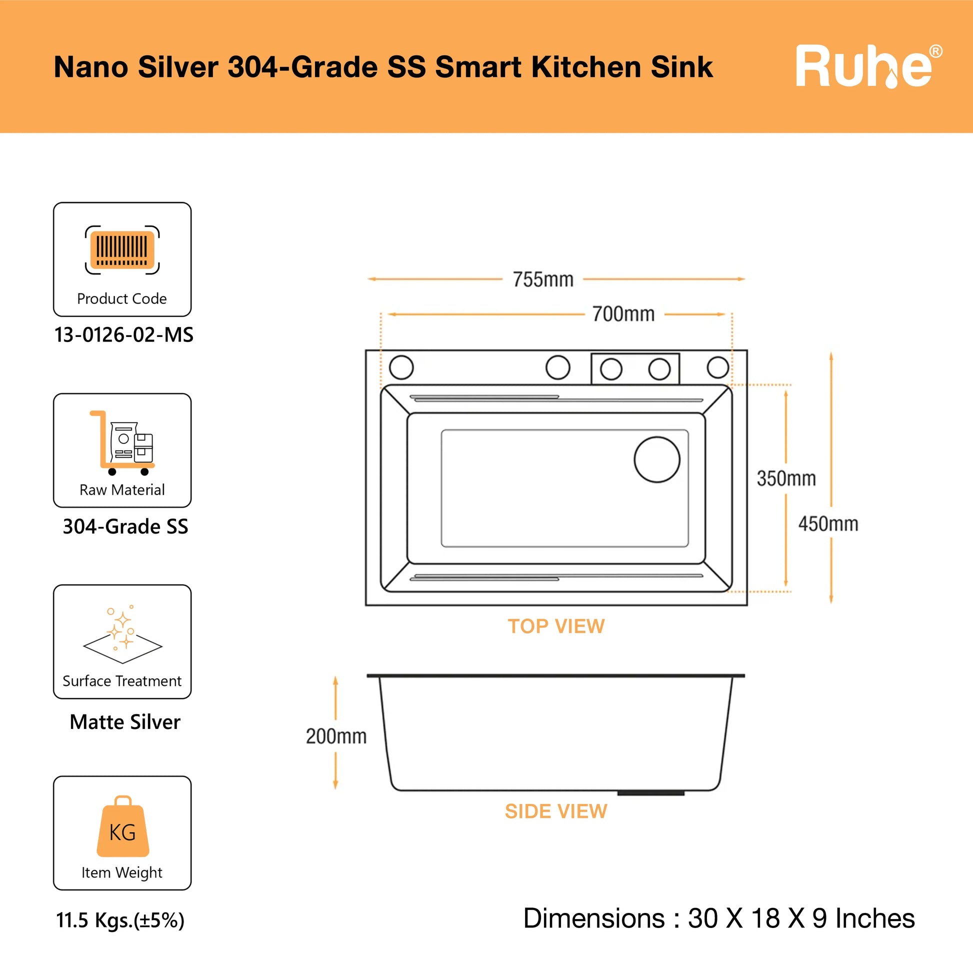 Nano Silver Smart Kitchen Sink (30 x 18 x 9 Inches) Dimensions