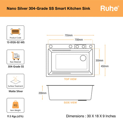 Nano Silver Smart Kitchen Sink (30 x 18 x 9 Inches) Dimensions