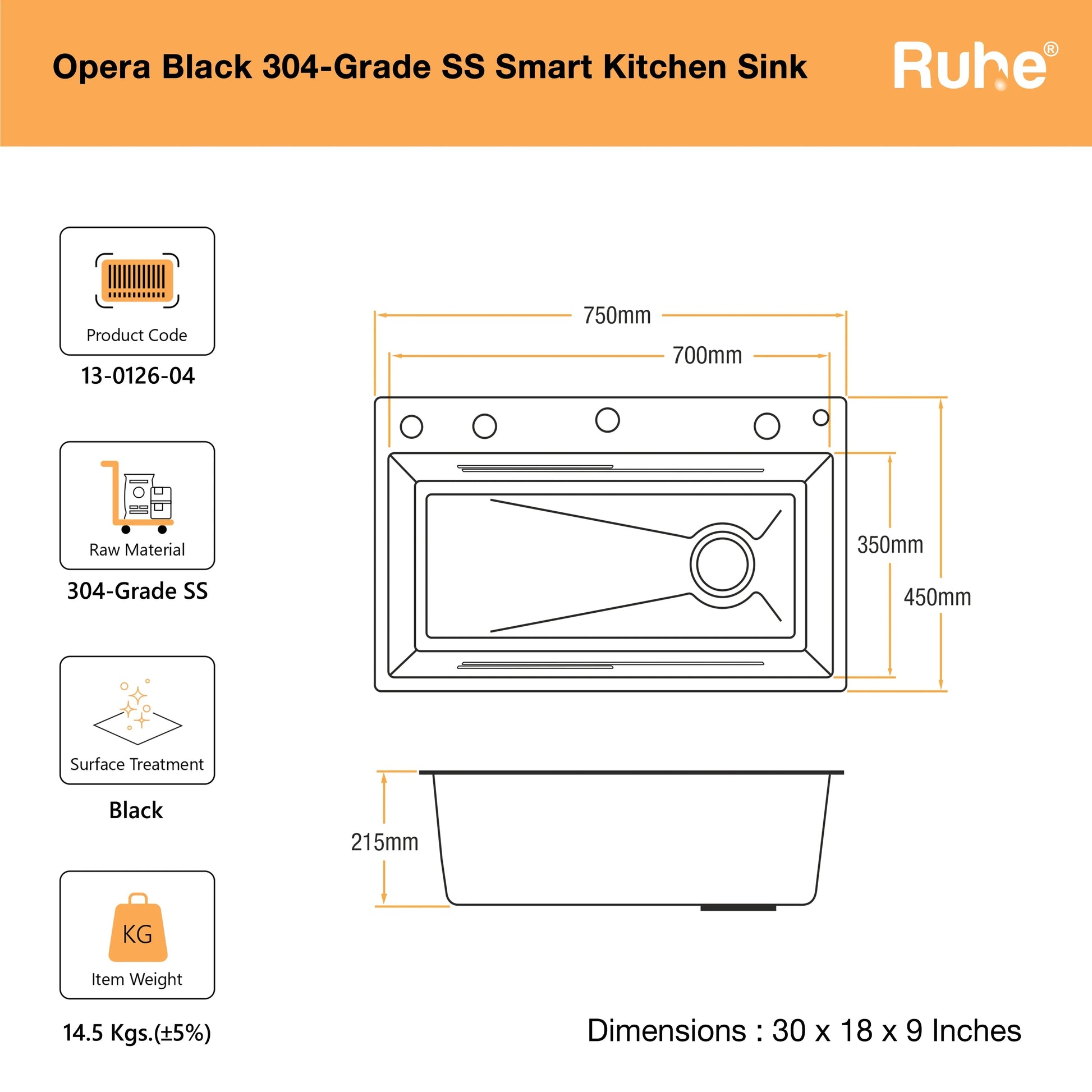 Opera Smart Kitchen Sink (30 x 18 x 9 Inches) Dimensions