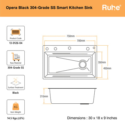 Opera Smart Kitchen Sink (30 x 18 x 9 Inches) Dimensions
