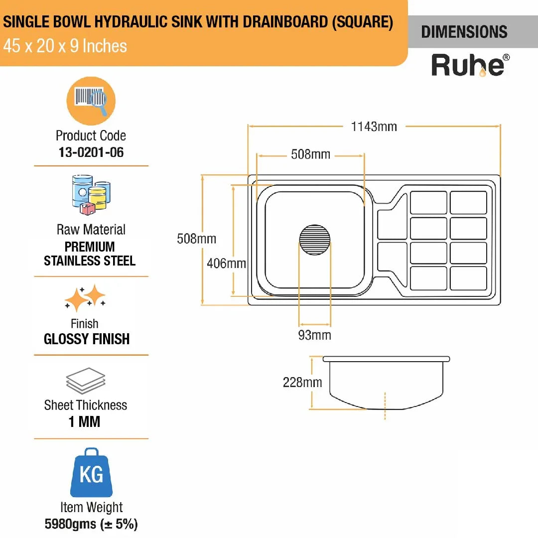 Single Bowl with Drainboard Kitchen Sink (45 x 20 x 9 Inches)(Dimensions)